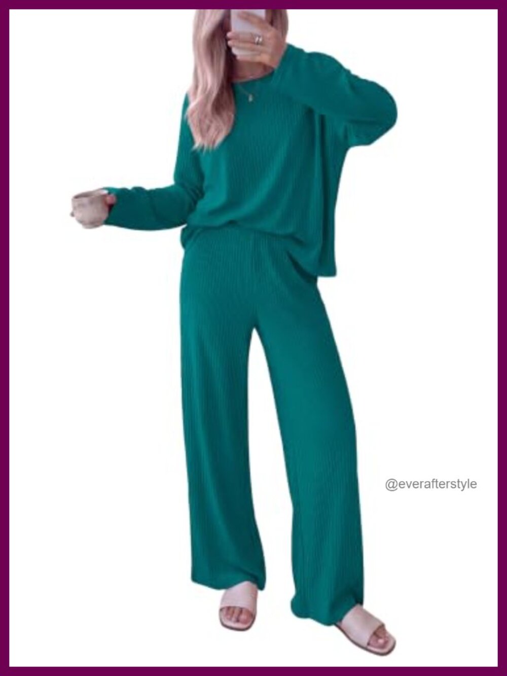 Ribbed Knit 2 Piece Lounge Set Long Sleeve Wide Leg Pants Womens